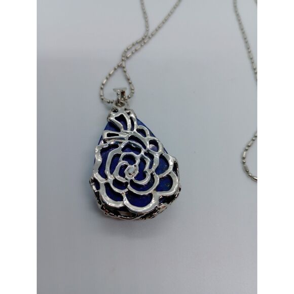 Large Teardrop Lapis Lazuli Floral Cage Pendant Silver Tone 18" Chain Necklace - Picture 5 of 7